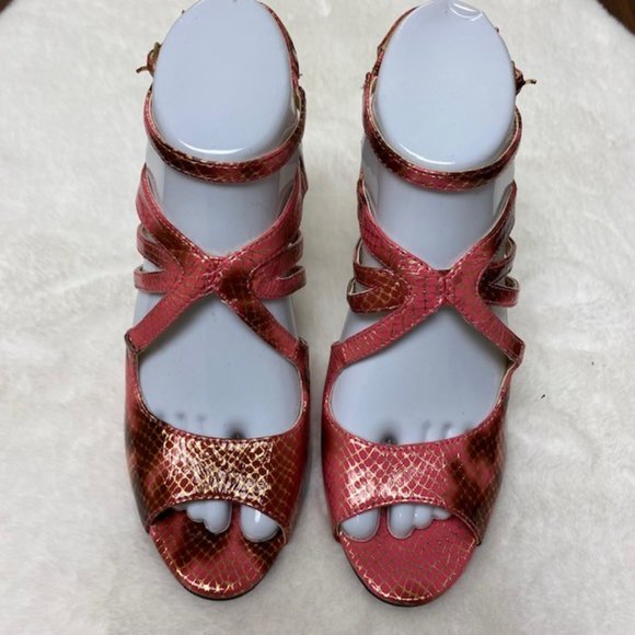 WILD ROSE Gold Pink Strappy Faux Snake Heels, size 7 - Picture 2 of 9